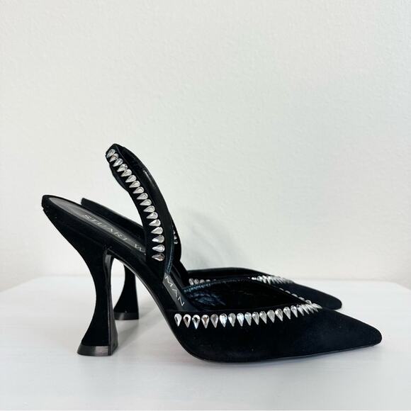 STUART WEITZMAN Gem Cut Crystal Embellished Black Suede Slingback Pumps Size 6.5 - Picture 4 of 8